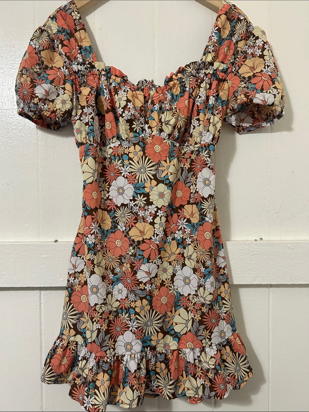 Vintage Floral Puff Sleeve Mini Dress - Multicolor Floral